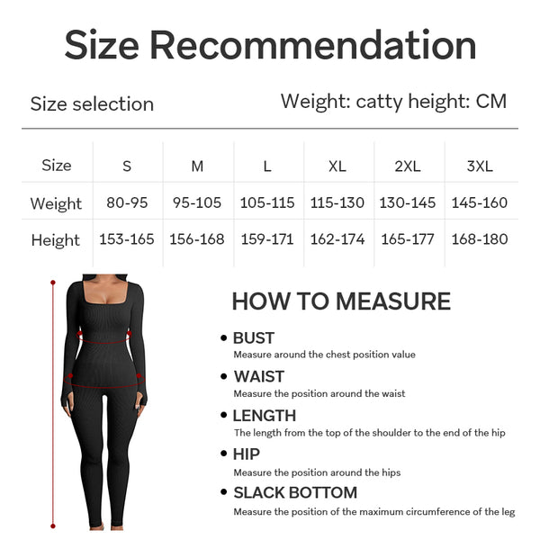 Women's Seamless Ribbed Square Neck Long Sleeve Slim Fitting Jumpsuits High Stretch Sportswear Bodysuit