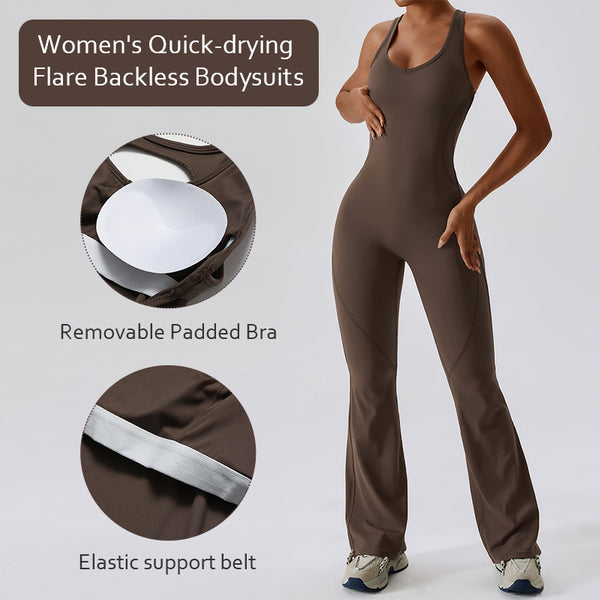 Women Workout Fashion Flare Sleeveless Jumpsuits with Removable Padded Bra Cream Feeling Hight Stretch Sportswear for Outdoor Activities