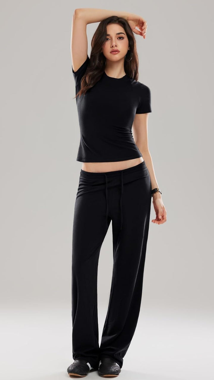 Women 2 Piece Cotton Lounge Sets Basic Top Drawstring Pants Athleisure Set