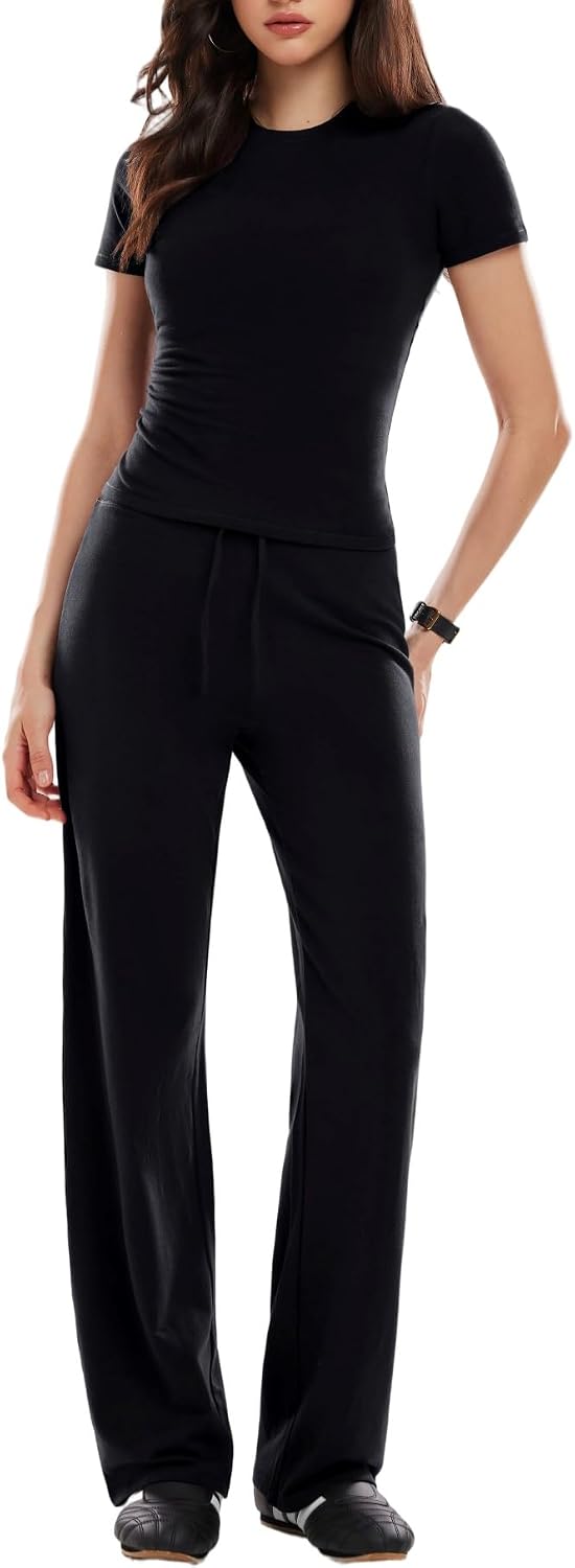 Women 2 Piece Cotton Lounge Sets Basic Top Drawstring Pants Athleisure Set