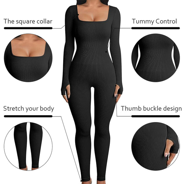 Women's Seamless Ribbed Square Neck Long Sleeve Slim Fitting Jumpsuits High Stretch Sportswear Bodysuit