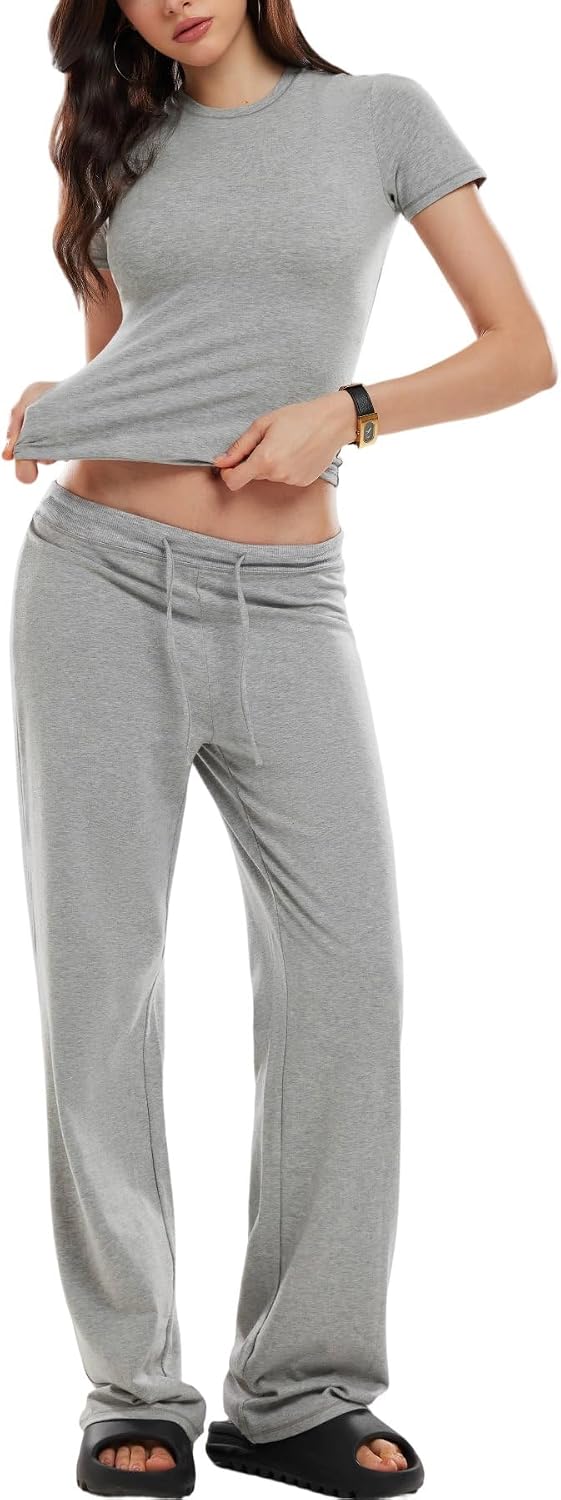 Women 2 Piece Cotton Lounge Sets Basic Top Drawstring Pants Athleisure Set