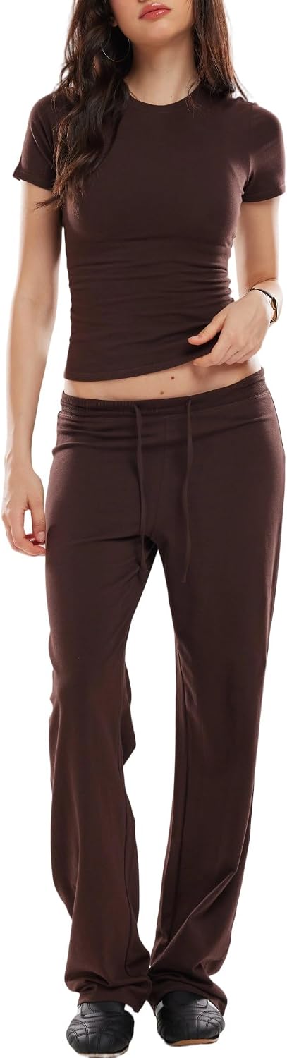 Women 2 Piece Cotton Lounge Sets Basic Top Drawstring Pants Athleisure Set