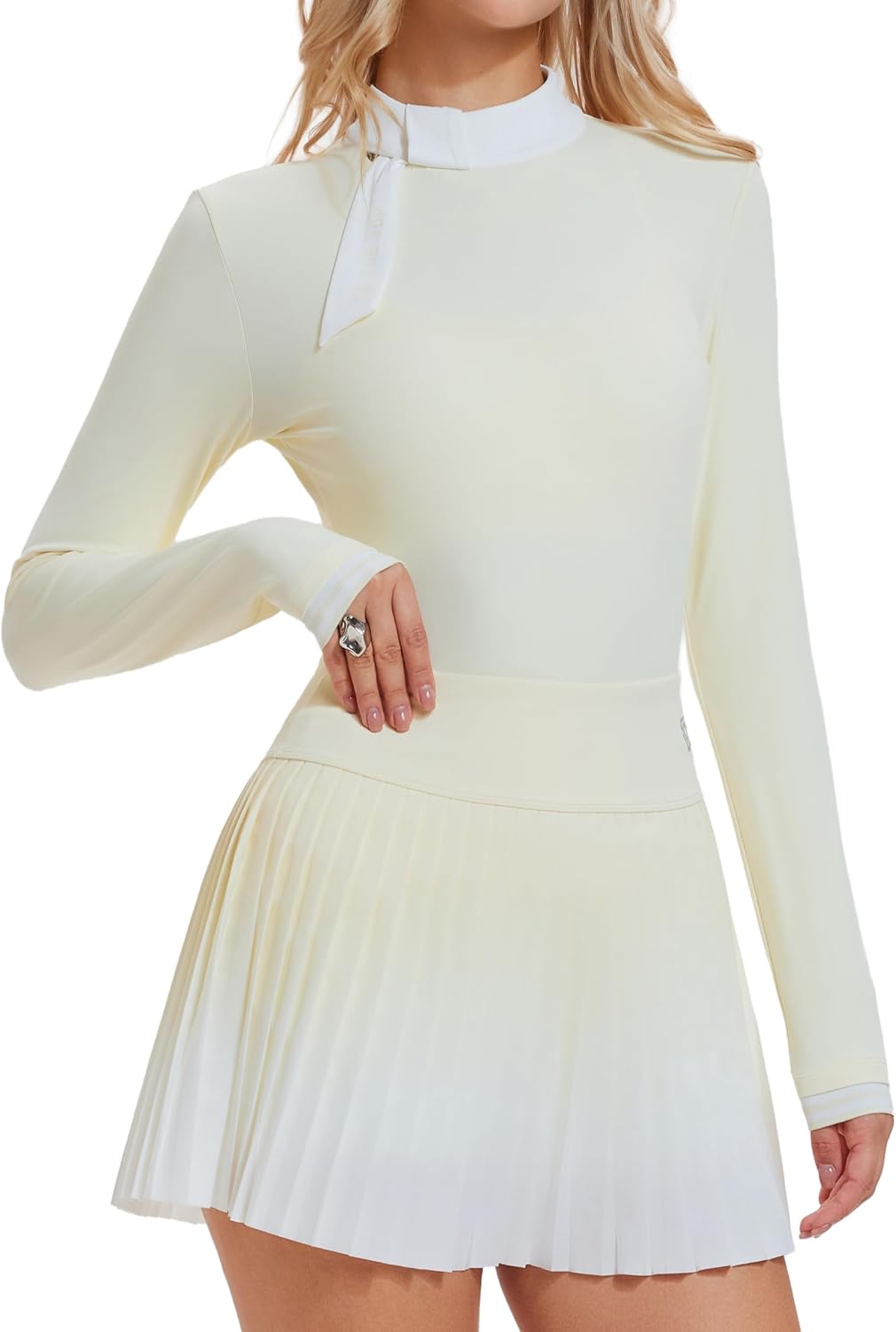 AFZ Two Pieces Tennis Skirt Set for Women Long Sleeve Zip Back Top &amp; High Waisted Pleated Skirt Outfits for Golf,Pickleball
