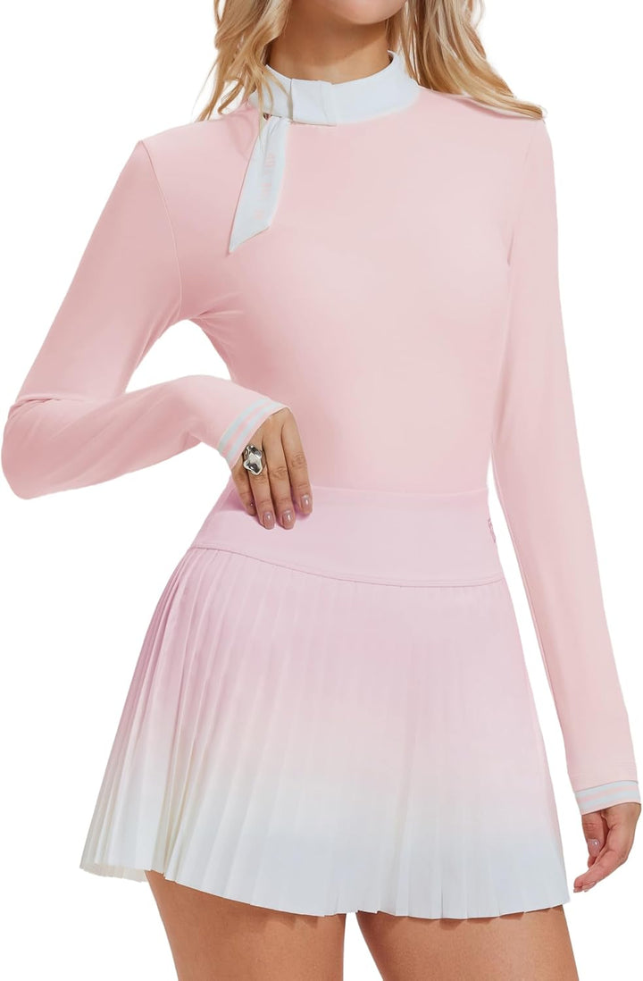 AFZ Two Pieces Tennis Skirt Set for Women Long Sleeve Zip Back Top &amp; High Waisted Pleated Skirt Outfits for Golf,Pickleball