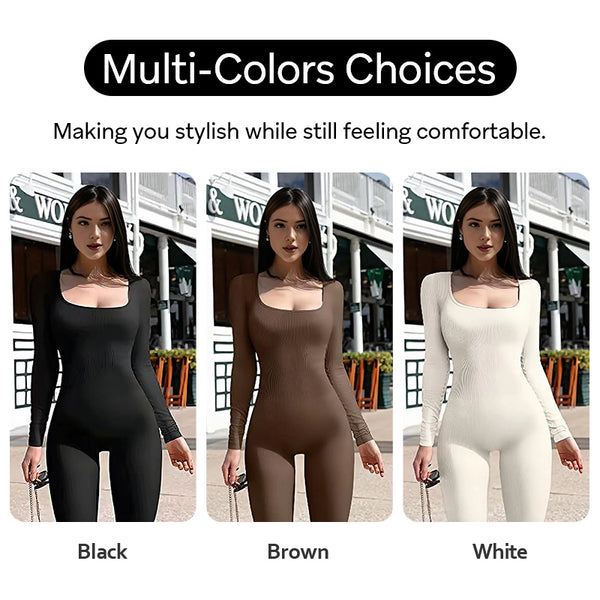 Women's Seamless Ribbed Square Neck Long Sleeve Slim Fitting Jumpsuits High Stretch Sportswear Bodysuit