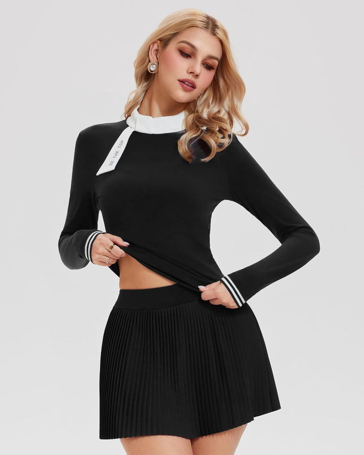AFZ Two Pieces Tennis Skirt Set for Women Long Sleeve Zip Back Top &amp; High Waisted Pleated Skirt Outfits for Golf,Pickleball