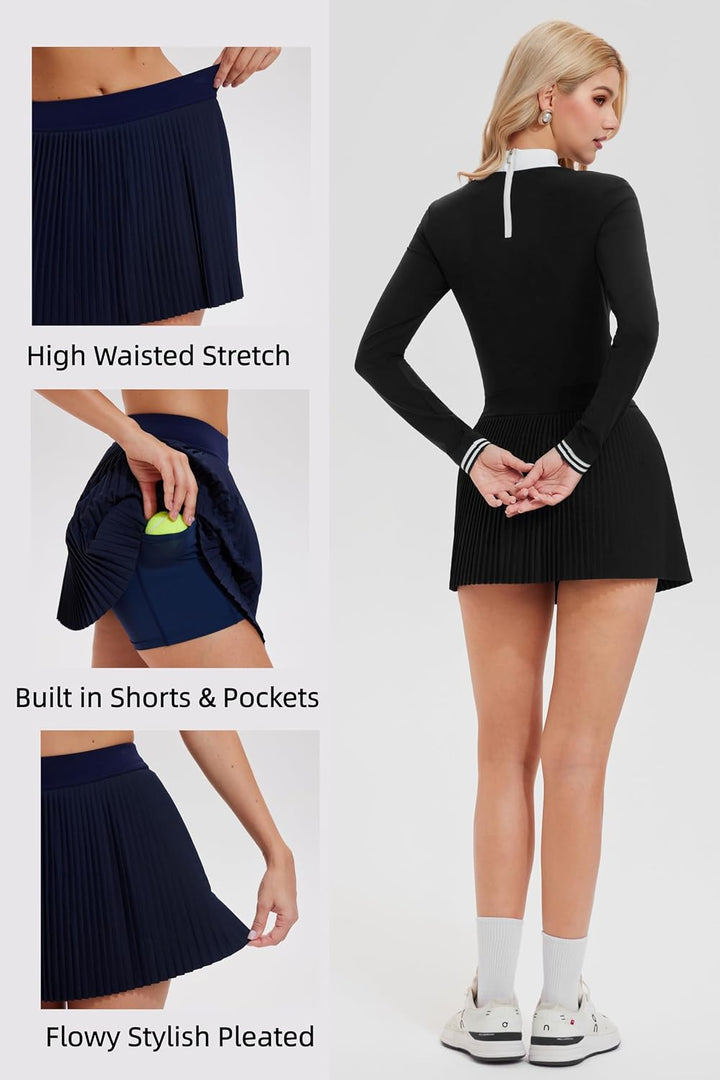 AFZ Two Pieces Tennis Skirt Set for Women Long Sleeve Zip Back Top &amp; High Waisted Pleated Skirt Outfits for Golf,Pickleball