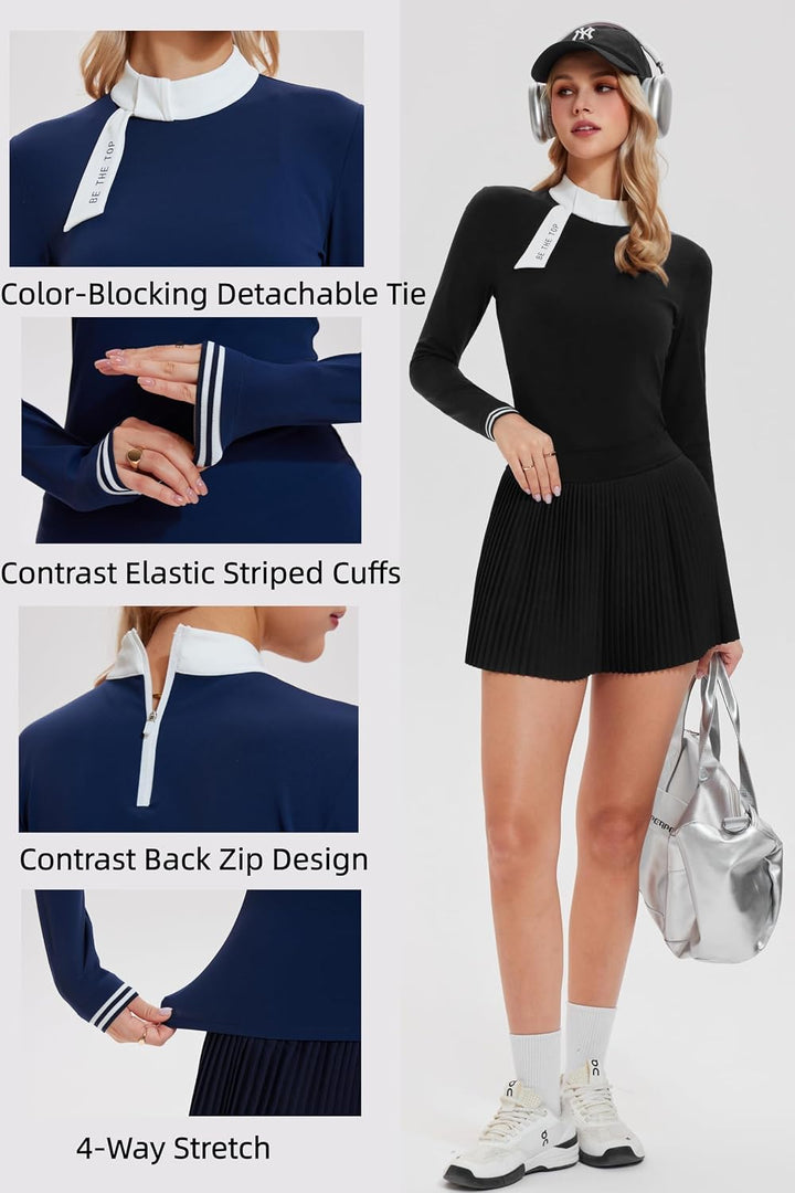 AFZ Two Pieces Tennis Skirt Set for Women Long Sleeve Zip Back Top &amp; High Waisted Pleated Skirt Outfits for Golf,Pickleball