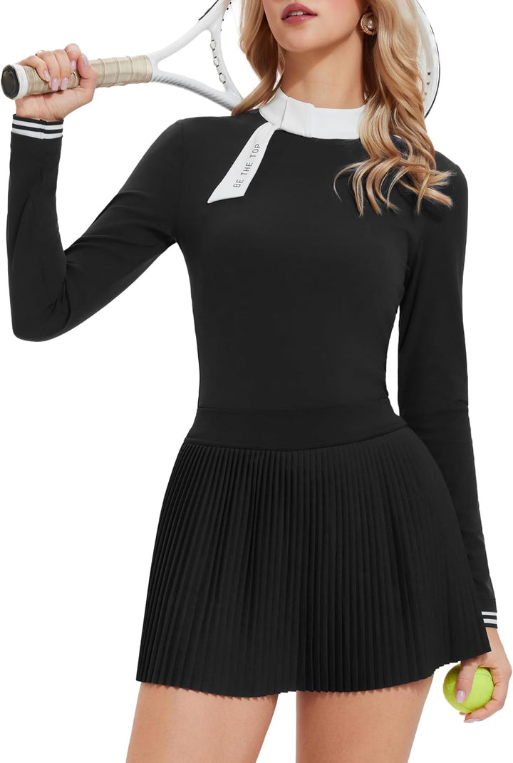 AFZ Two Pieces Tennis Skirt Set for Women Long Sleeve Zip Back Top &amp; High Waisted Pleated Skirt Outfits for Golf,Pickleball