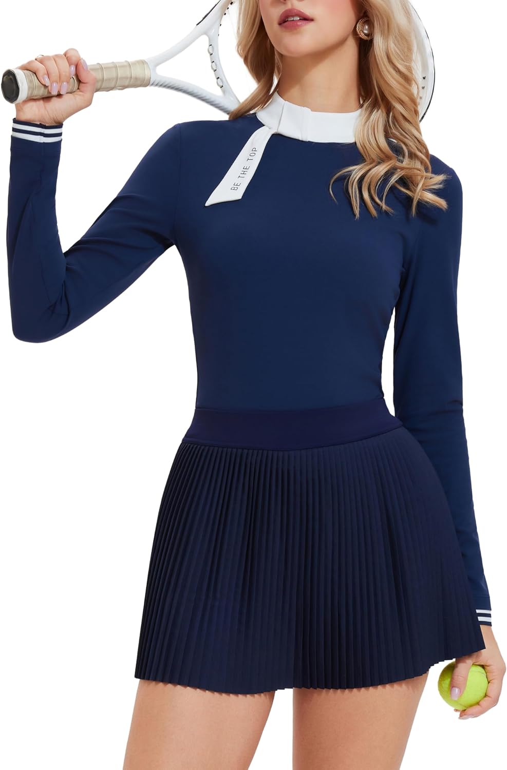 AFZ Two Pieces Tennis Skirt Set for Women Long Sleeve Zip Back Top &amp; High Waisted Pleated Skirt Outfits for Golf,Pickleball
