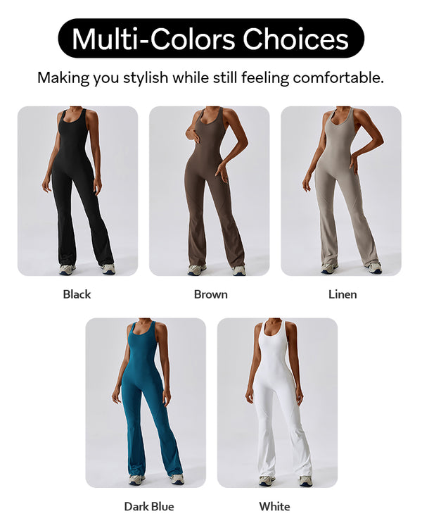 Women Workout Fashion Flare Sleeveless Jumpsuits with Removable Padded Bra Cream Feeling Hight Stretch Sportswear for Outdoor Activities