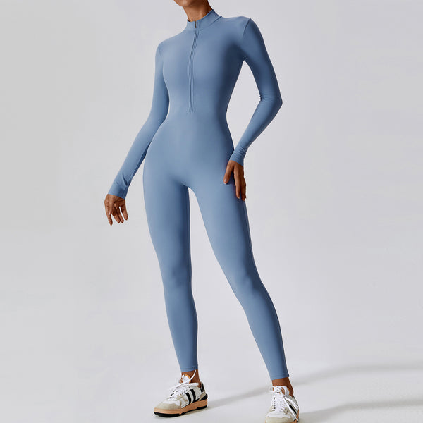 Women Yoga Jumpsuits Workout Long Sleeve Zip Front Comfortbale High Stretch Sportswear for Outdoor Activities